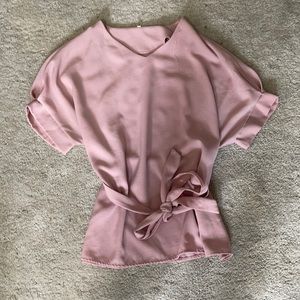 Pink short sleeve blouse with tie waist